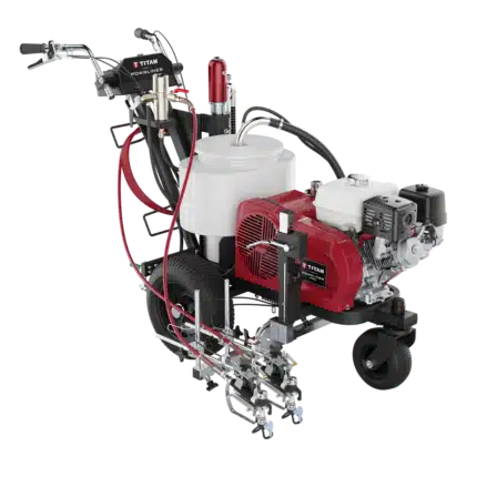 Titan PowrLiner 4955 California Compliant hydraulic line striper with Honda GX120 engine, dual gun setup, and advanced features for medium to large striping projects.