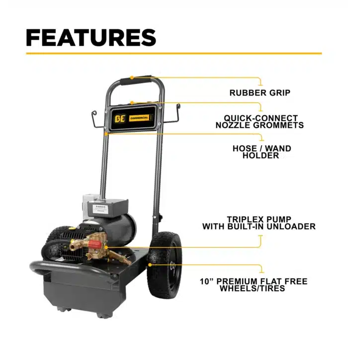 2,000 PSI electric pressure washer with Baldor motor and General triplex pump for efficient cleaning.