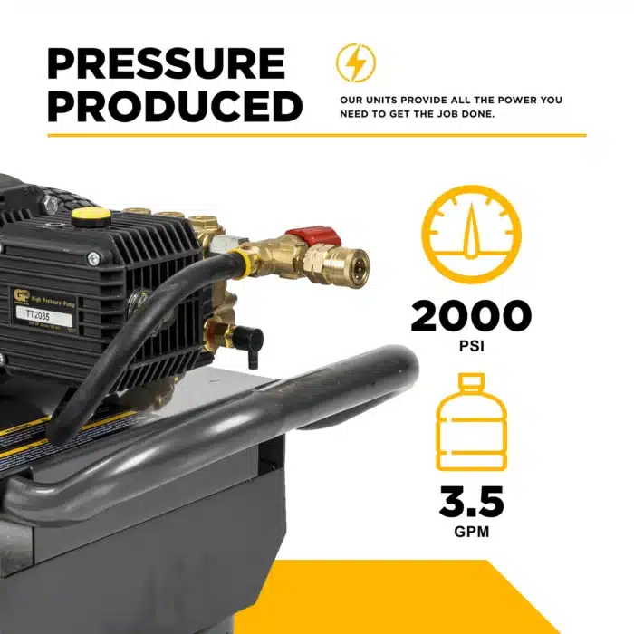 2,000 PSI electric pressure washer with Baldor motor and General triplex pump for efficient cleaning.