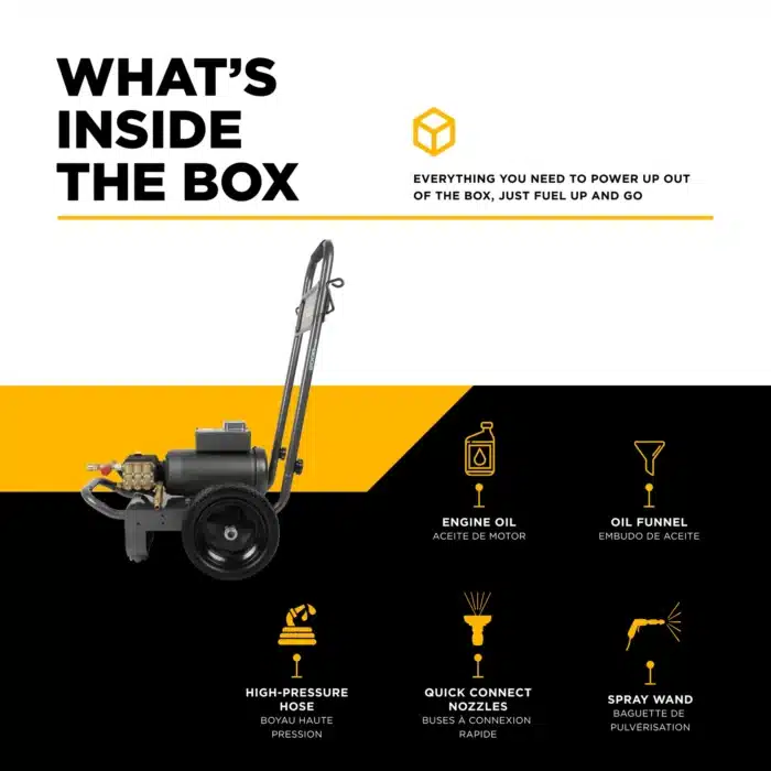 2,000 PSI electric pressure washer with Baldor motor and General triplex pump for efficient cleaning.