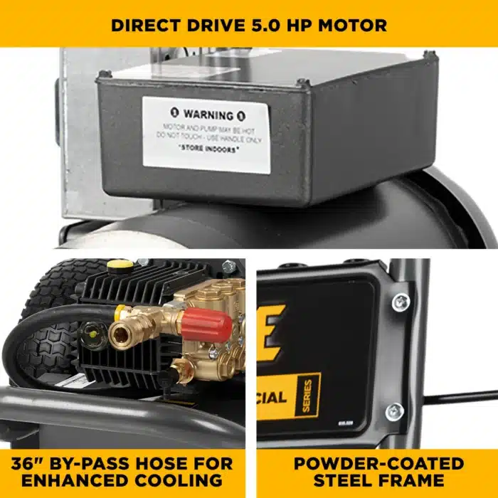 2,000 PSI electric pressure washer with Baldor motor and General triplex pump for efficient cleaning.