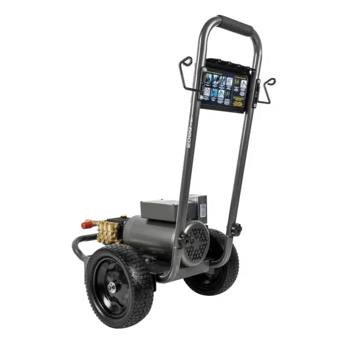 2,000 PSI electric pressure washer with Baldor motor and General triplex pump for efficient cleaning.