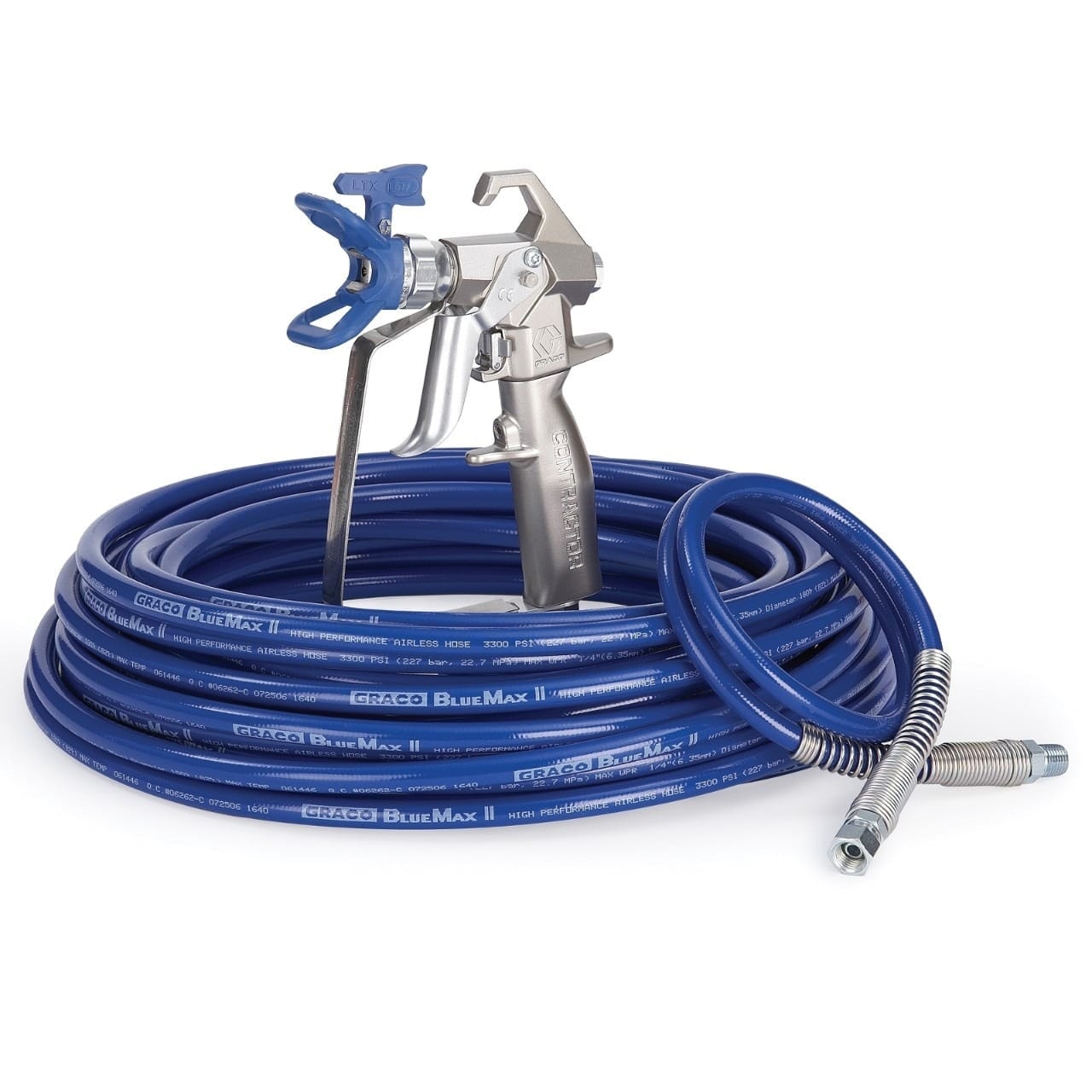 Contractor Airless Spray Gun, RAC X LTX 517, BlueMax II Airless Hose 1-4 in x 50 ft, BlueMax II Airless Whip Hose 3-16 in x 3 ft