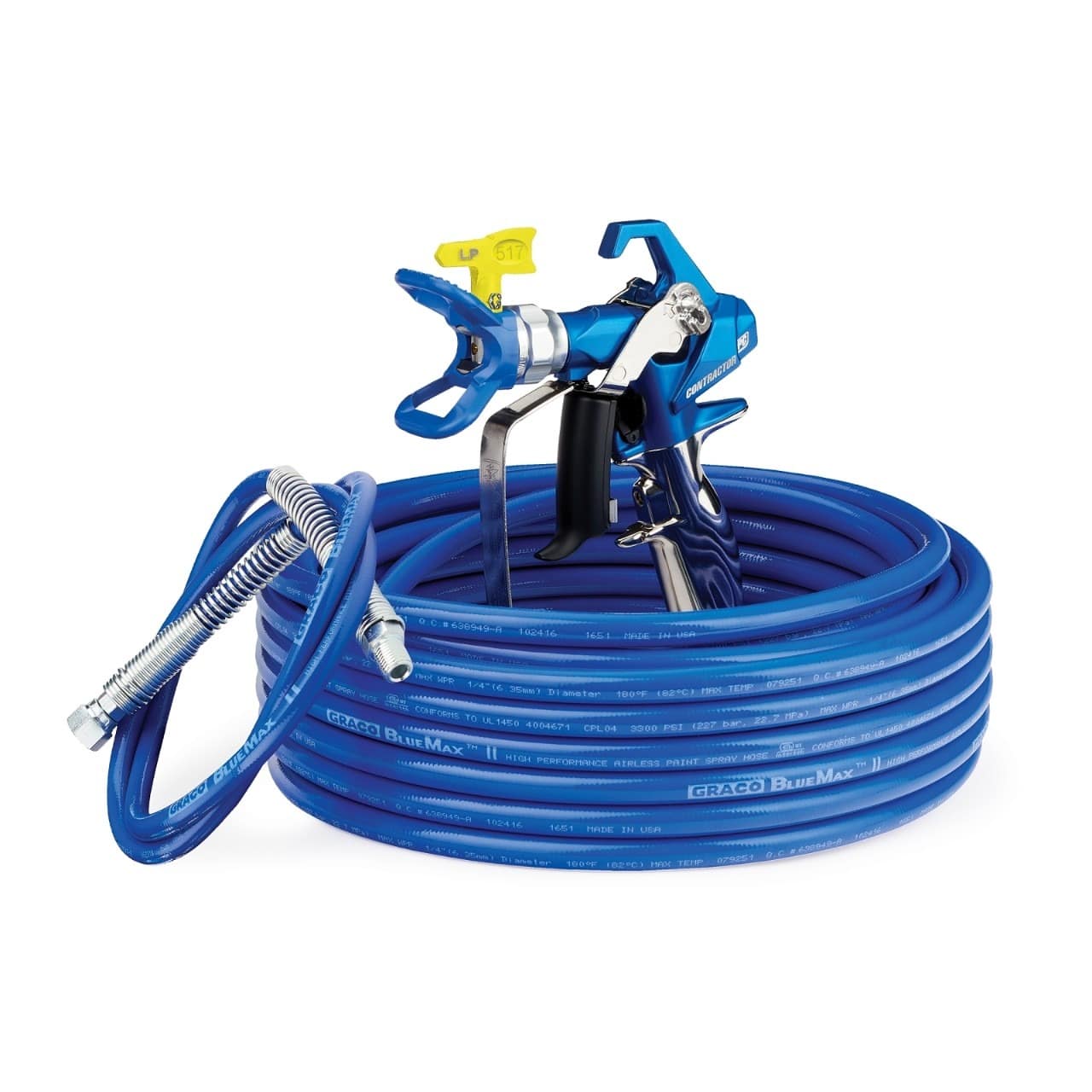 Contractor PC Airless Spray Gun, RAC X LP 517, BlueMax II Airless Hose 1-4 in x 50 ft, BlueMax II Airless Whip Hose 3-16 in x 4.5 ft
