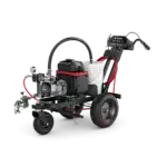 PowrLiner 3500 72V electric line striper equipped with Honda eGX battery, RX-80 airless gun, and no-maintenance PermaStroke Technology. Ideal for precise and efficient line striping on pavement and fields.