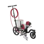 PowrLiner 850 line striper with compact design, 3000 PSI pressure capability, adjustable front wheel, durable poly tires, and removable spray gun for stenciling. Ideal for small-scale striping projects on pavement, grass, or turf.