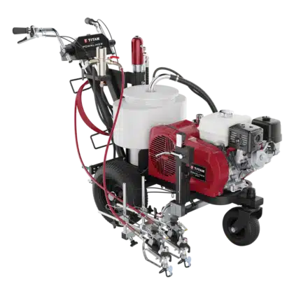 PowrLiner 8955 line striper with dual-gun capability, Honda GX200 engine, hydraulic drive system, SmartArm™ gun mount, and customizable handlebars. Designed for large-scale projects like roads, parking lots, and athletic fields.
