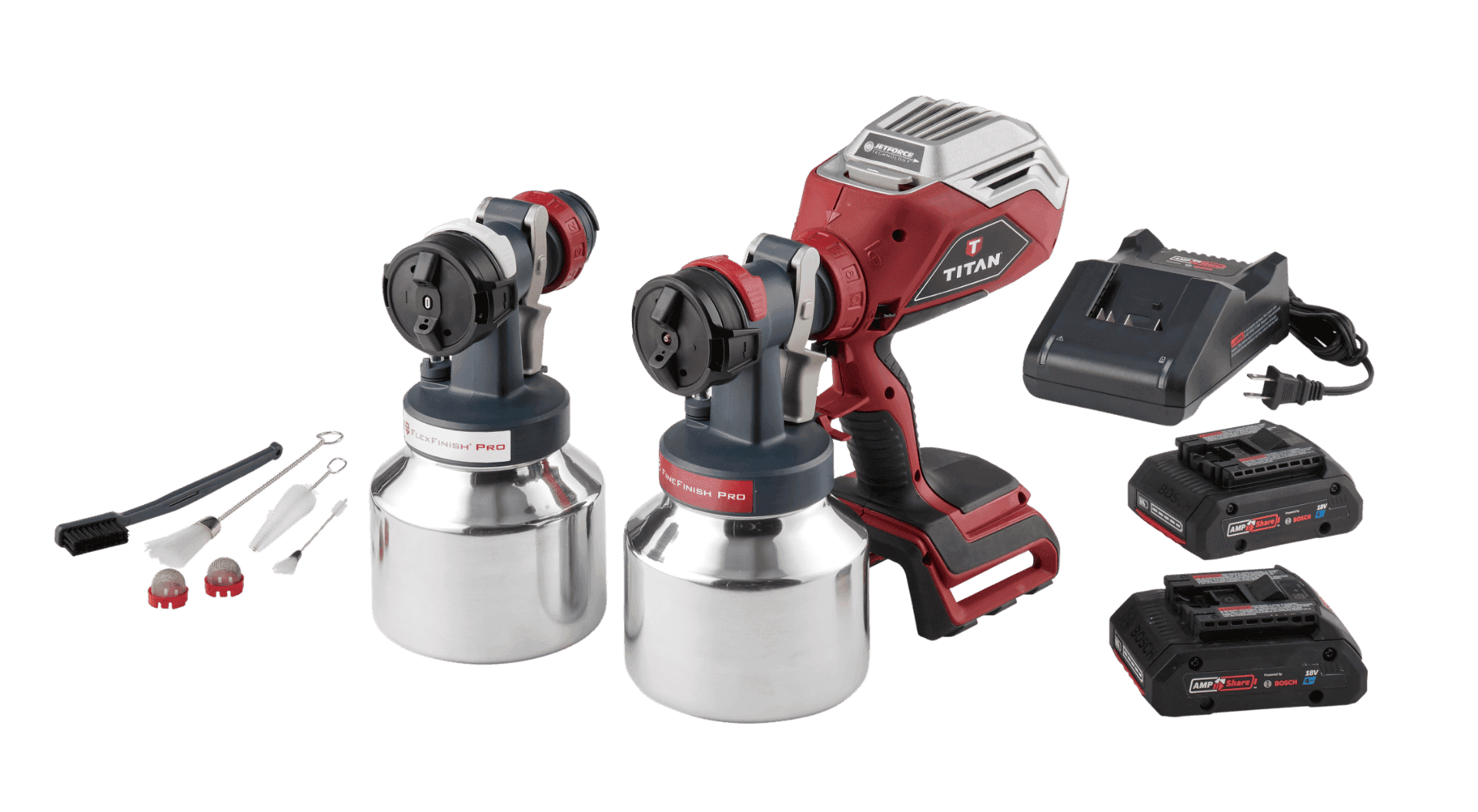 Titan FlexSpray Pro 18V multi-tool airless sprayer for professional painting with versatile settings and AMPShare by Bosch battery